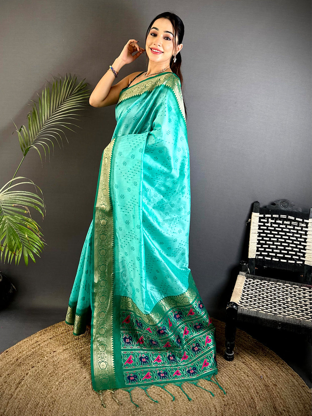 Sea Green Soft Silk Saree with Gold Zari Border & Multicolor Patola Pallu