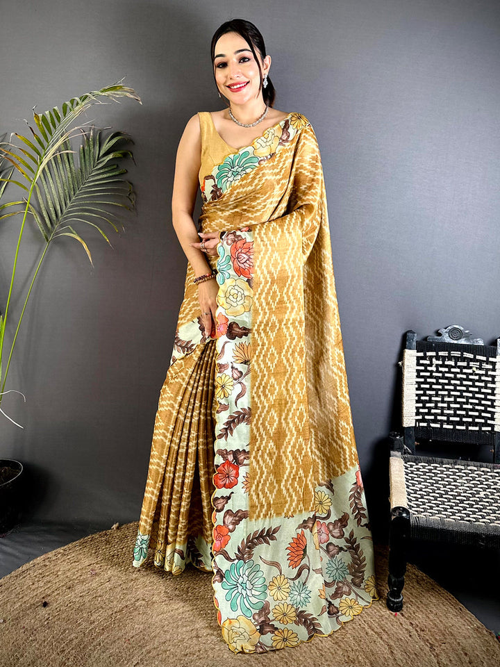 Mustard Soft Silk Saree with Ikat Weave & Pastel Floral Print Borders