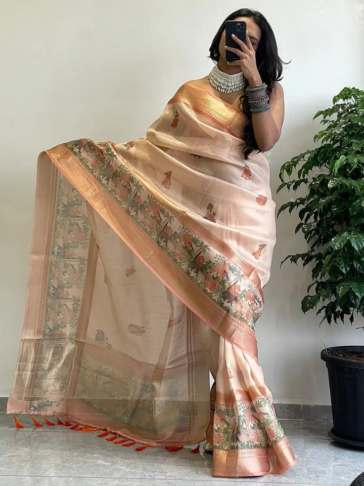 Beige Soft Silk Saree with Traditional Village Print & Gold Zari Border