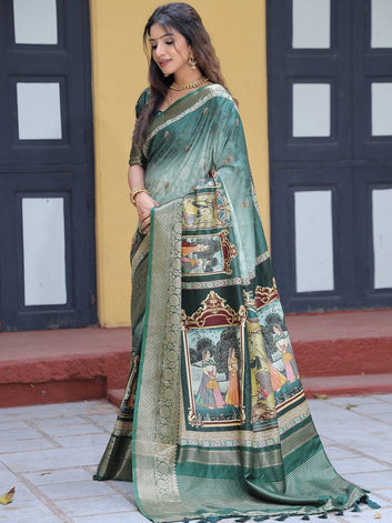 Emerald Green Kanjivaram Silk Saree with Royal Mughal Art Pallu