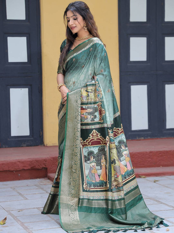 Emerald Green Kanjivaram Silk Saree with Royal Mughal Art Pallu