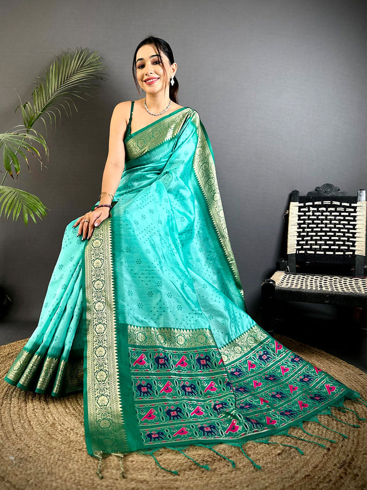 Sea Green Soft Silk Saree with Gold Zari Border & Multicolor Patola Pallu