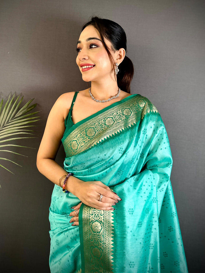 Sea Green Soft Silk Saree with Gold Zari Border & Multicolor Patola Pallu