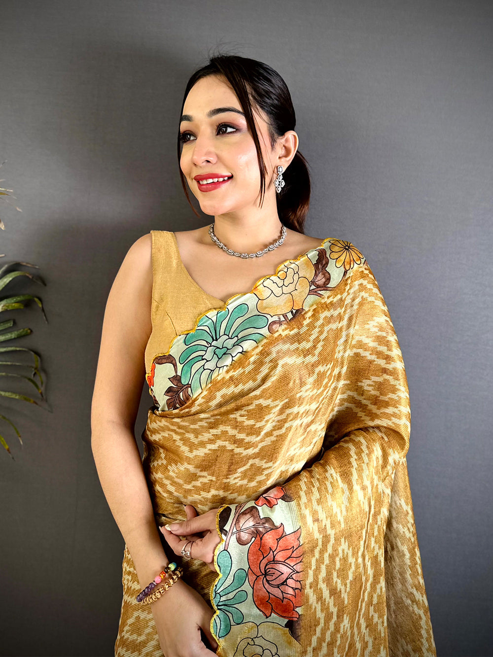 Mustard Soft Silk Saree with Ikat Weave & Pastel Floral Print Borders