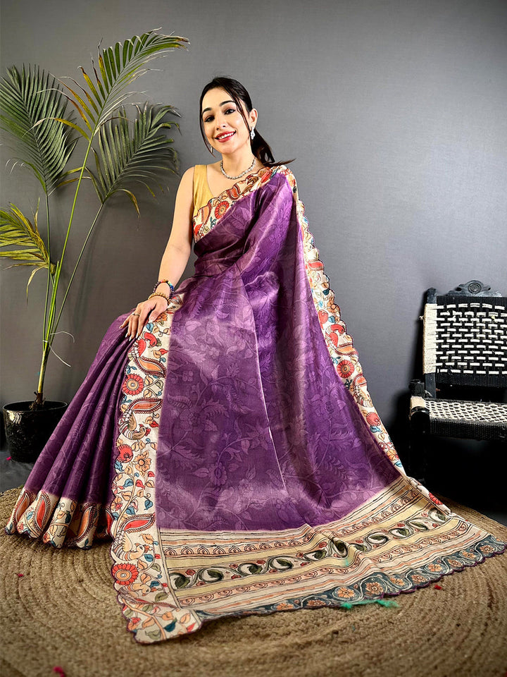 Purple Soft Silk Saree with Kalamkari Print Border & Pallu
