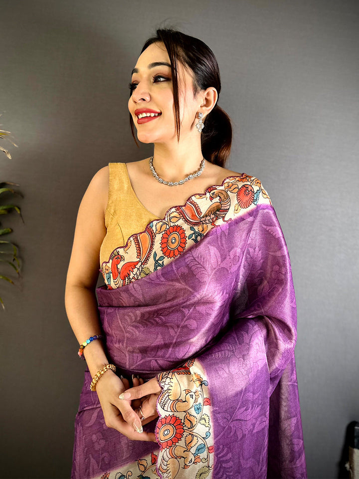 Purple Soft Silk Saree with Kalamkari Print Border & Pallu