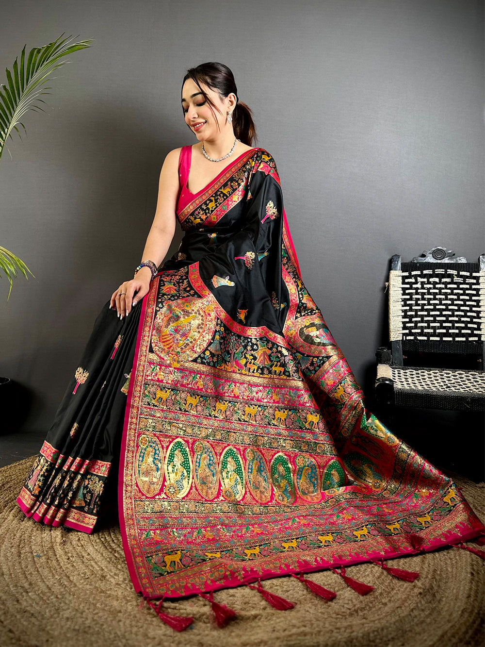 Black Banarasi Soft Silk Saree with Multicolor Meenakari Weaving & Pink Border