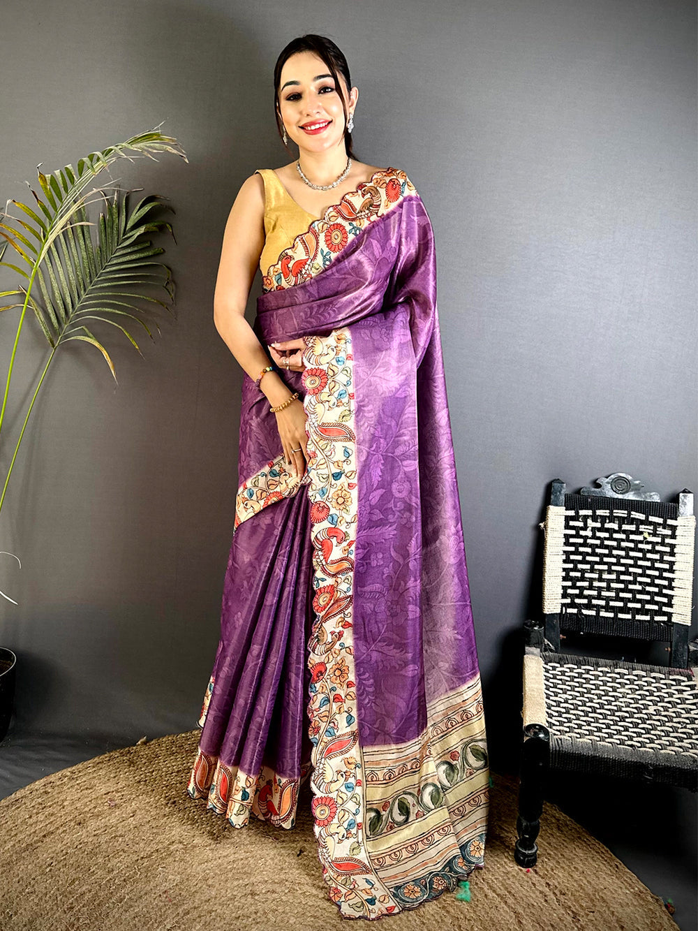 Purple Soft Silk Saree with Kalamkari Print Border & Pallu