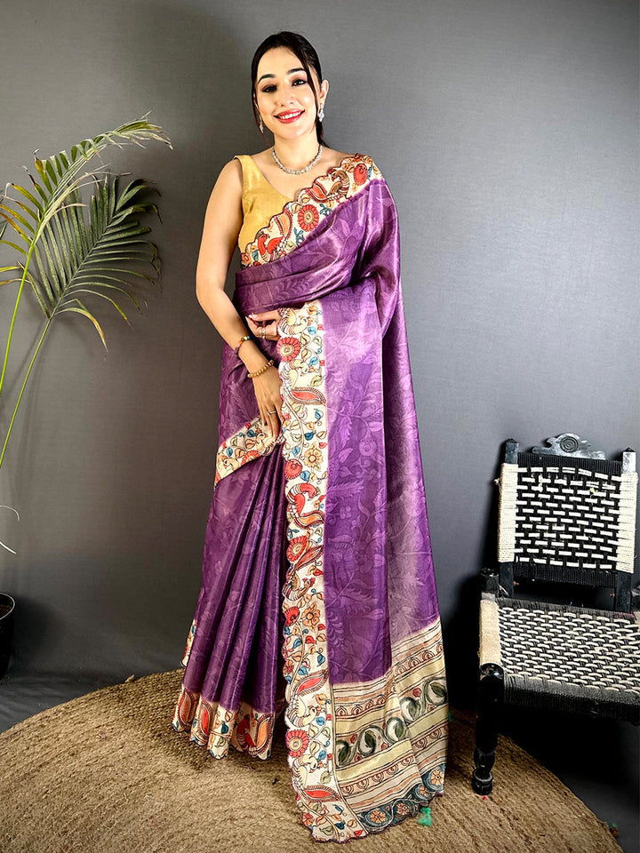 Purple Soft Silk Saree with Kalamkari Print Border & Pallu