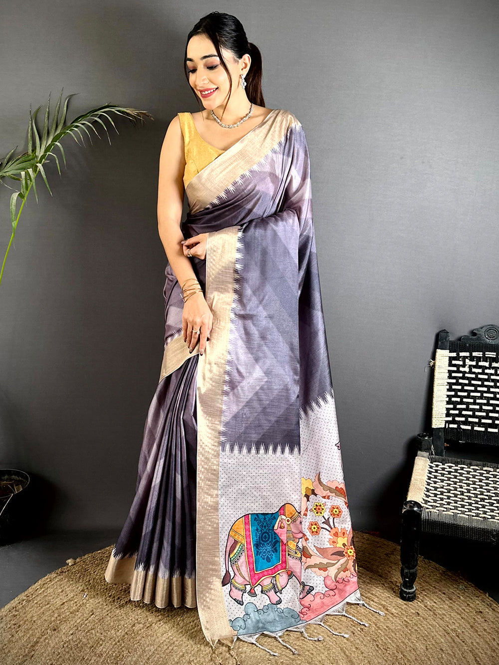 Grey Soft Silk Saree with Abstract Checks & Colorful Elephant Pallu