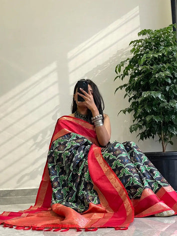 Navy Blue Patola Print Silk Saree with Pink Zari Border & Elegant Woven Pallu
