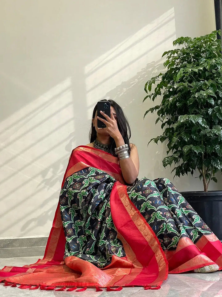 Navy Blue Patola Print Silk Saree with Pink Zari Border & Elegant Woven Pallu