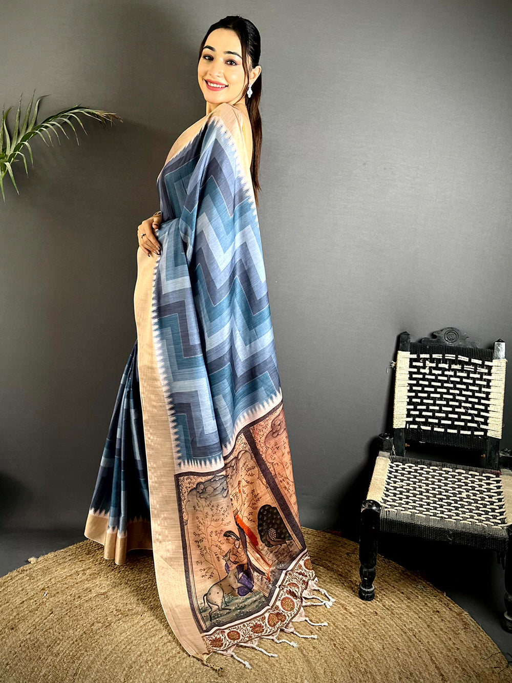 Blue Soft Silk Saree with Chevron Weave & Rajasthani Painting Pallu