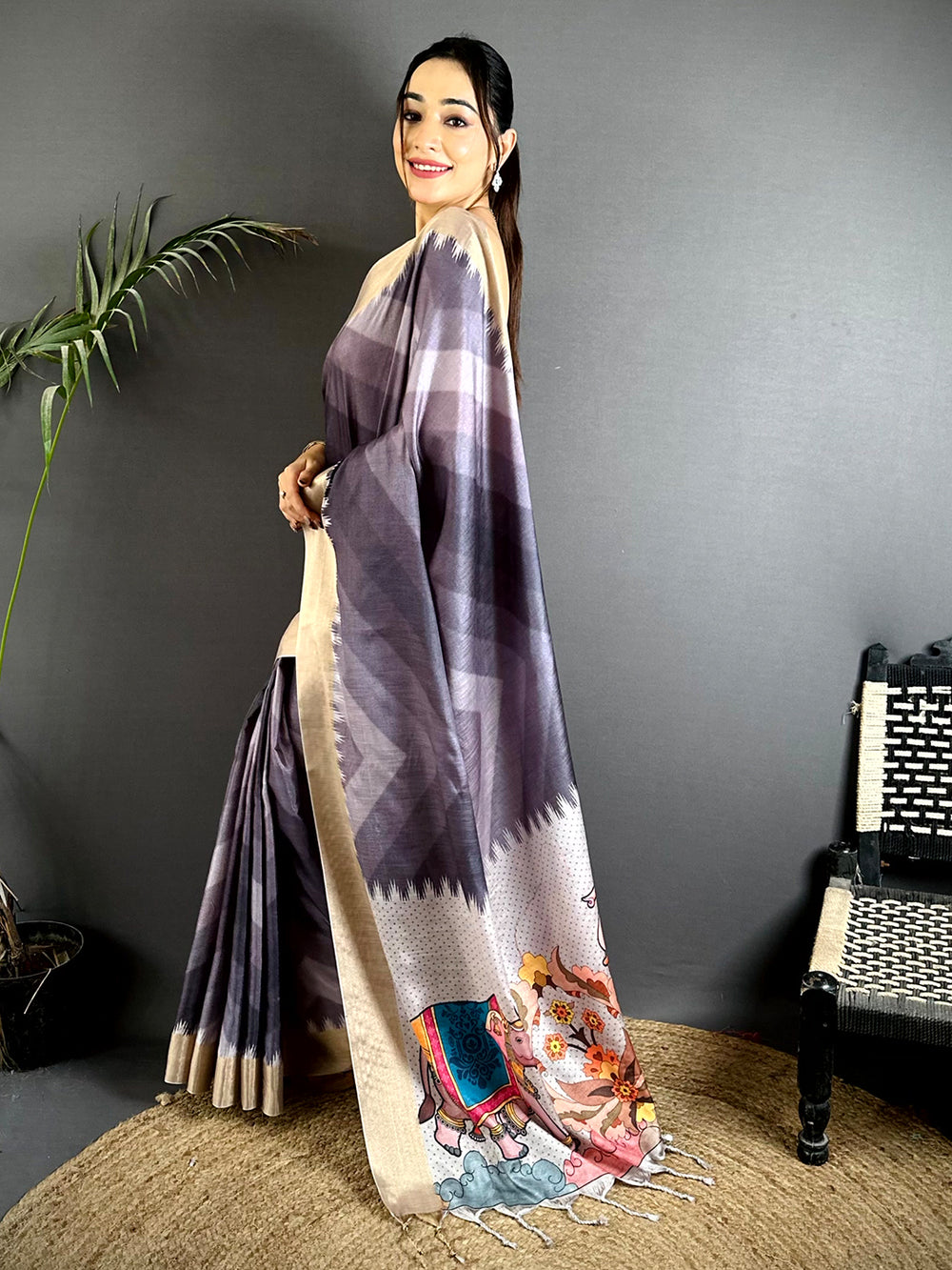 Grey Soft Silk Saree with Abstract Checks & Colorful Elephant Pallu