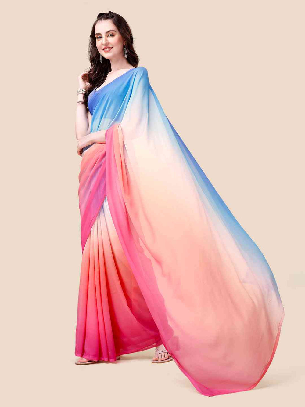 Multicolor Ombre Georgette Saree with Blue Blouse