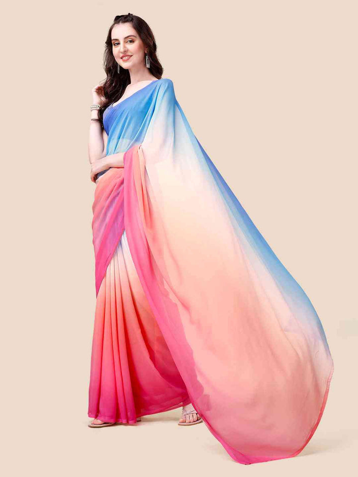 Multicolor Ombre Georgette Saree with Blue Blouse