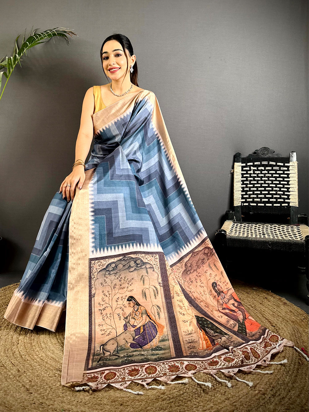 Blue Soft Silk Saree with Chevron Weave & Rajasthani Painting Pallu