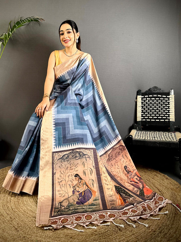 Blue Soft Silk Saree with Chevron Weave & Rajasthani Painting Pallu
