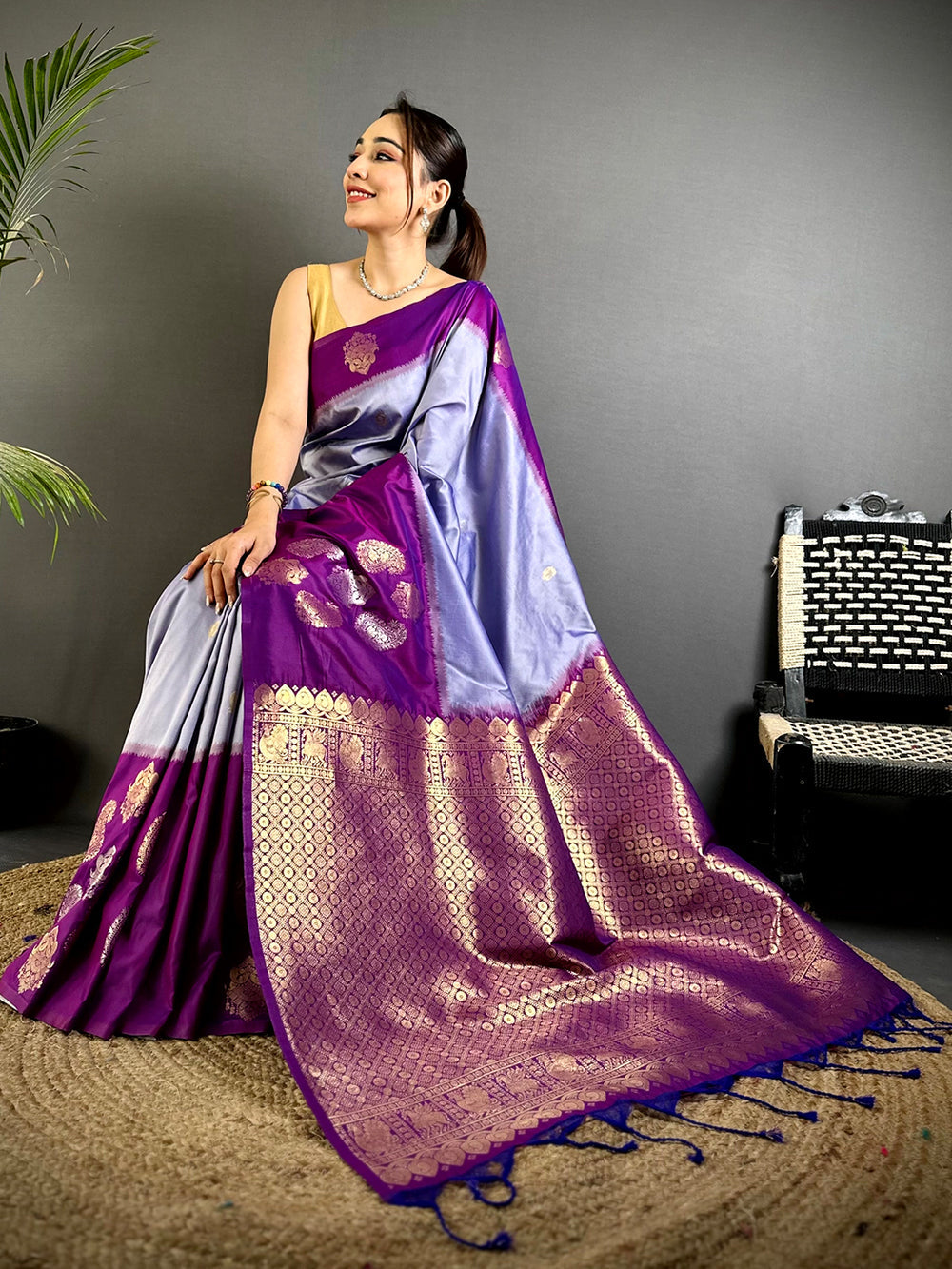 Purple & Lavender Soft Silk Saree with Gold Zari Butta