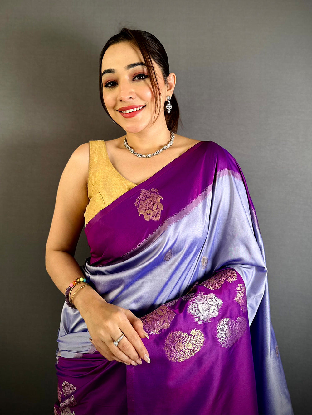 Purple & Lavender Soft Silk Saree with Gold Zari Butta