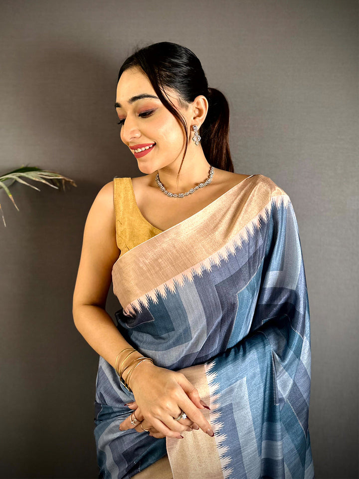 Blue Soft Silk Saree with Chevron Weave & Rajasthani Painting Pallu