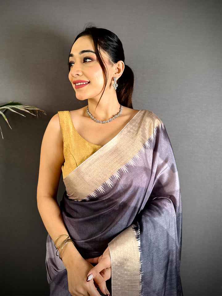 Grey Soft Silk Saree with Abstract Checks & Colorful Elephant Pallu