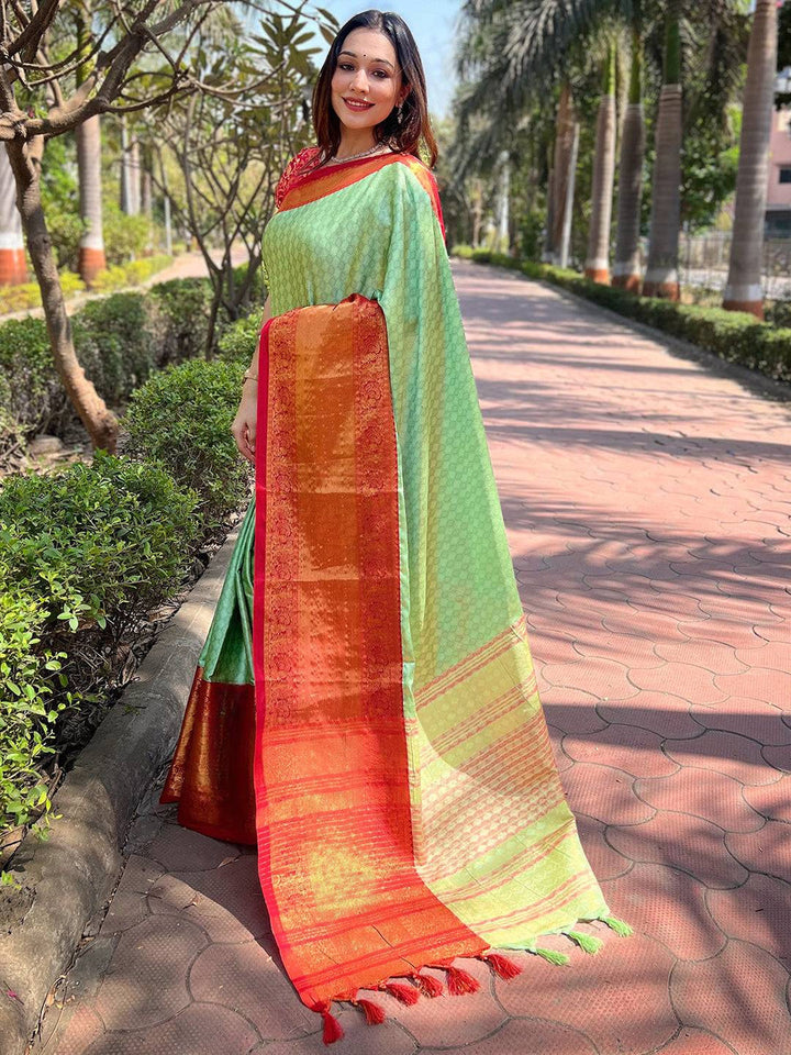 Mint Green & Orange Kanjivaram Silk Saree with Rich Zari Weaving