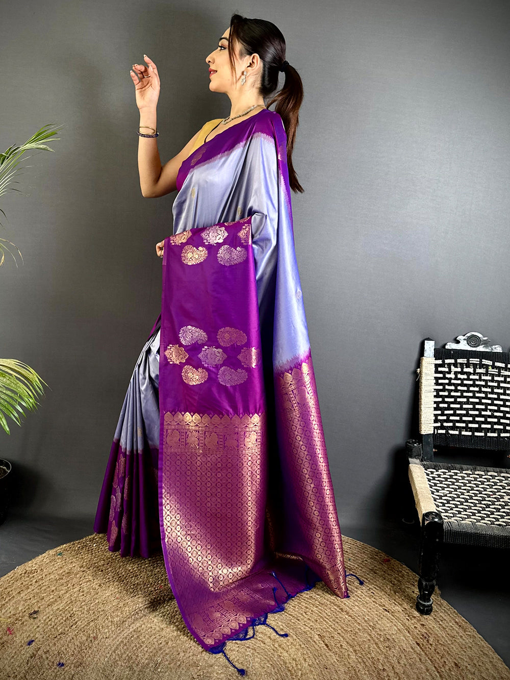 Purple & Lavender Soft Silk Saree with Gold Zari Butta