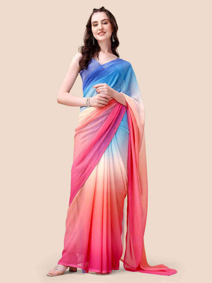 Multicolor Ombre Georgette Saree with Blue Blouse