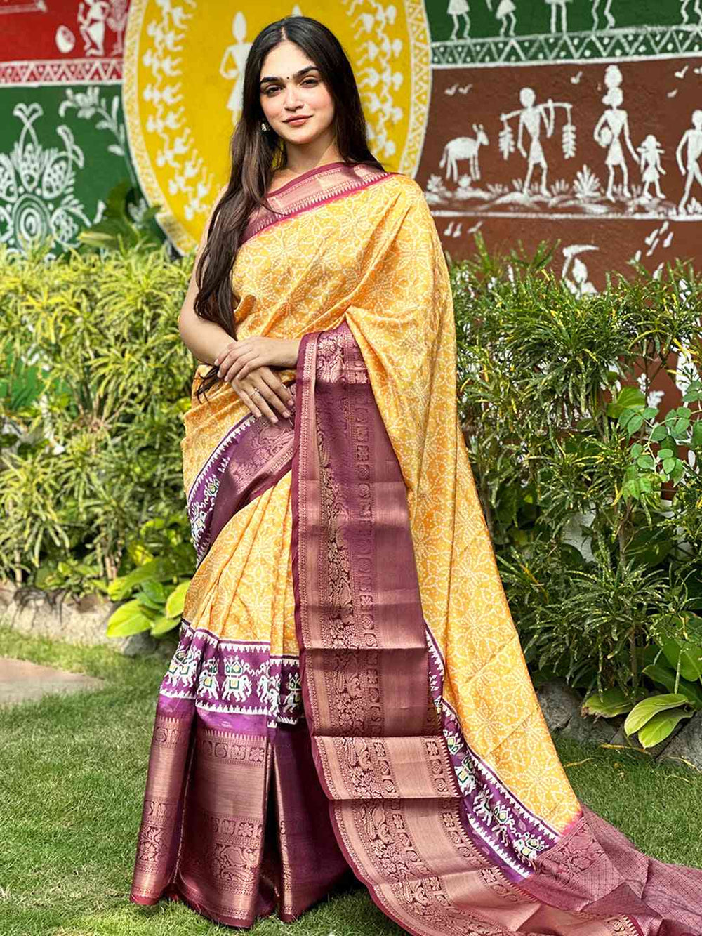 Yellow Patola Print Silk Saree with Maroon Zari Border & Traditional Motif Pallu