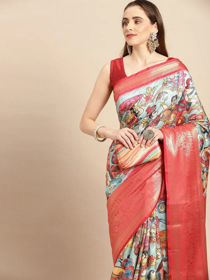 Aqua & Coral Soft Silk Saree with Kalamkari Print and Rich Zari Border