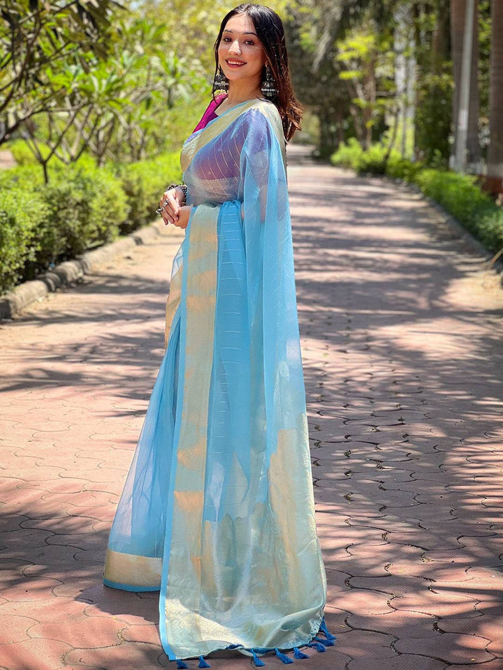 Sky Blue Organza Saree with Gold Zari Border & Subtle Woven Design