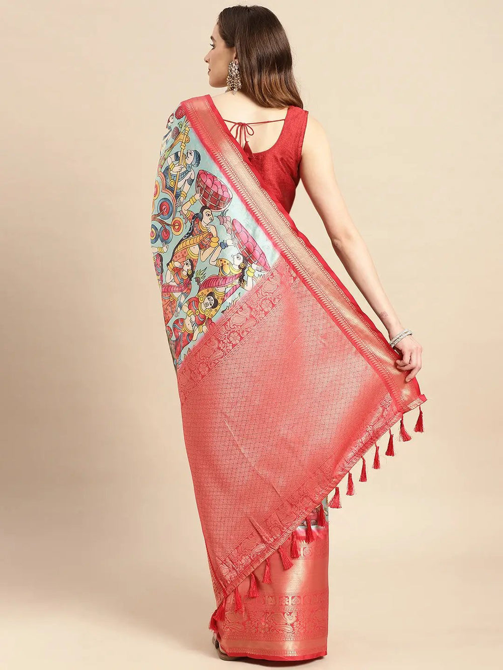 Aqua & Coral Soft Silk Saree with Kalamkari Print and Rich Zari Border