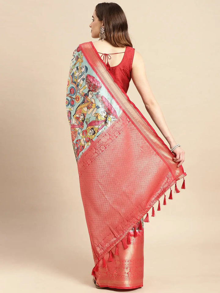 Aqua & Coral Soft Silk Saree with Kalamkari Print and Rich Zari Border