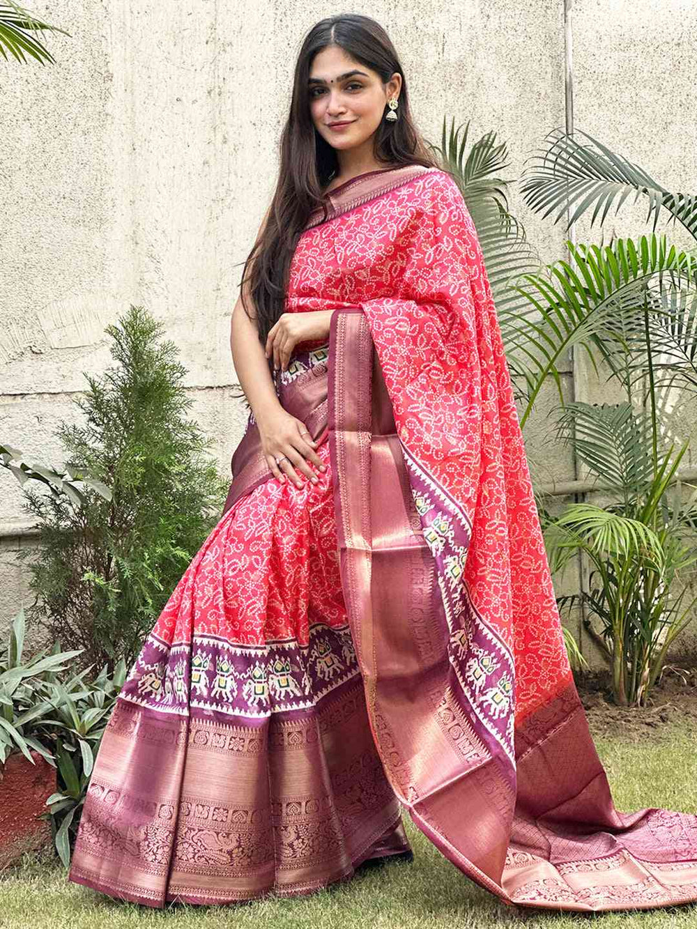 Red Patola Print Silk Saree with Maroon Zari Border & Traditional Motif Pallu