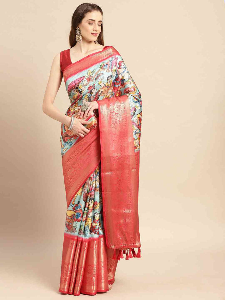 Aqua & Coral Soft Silk Saree with Kalamkari Print and Rich Zari Border