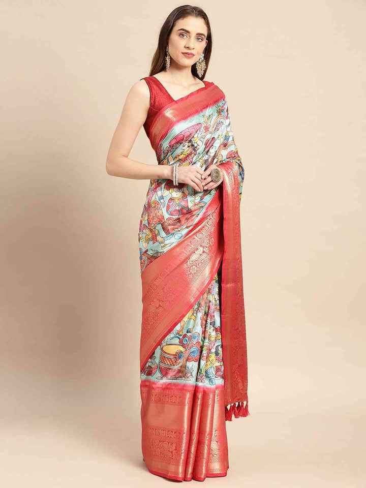 Aqua & Coral Soft Silk Saree with Kalamkari Print and Rich Zari Border