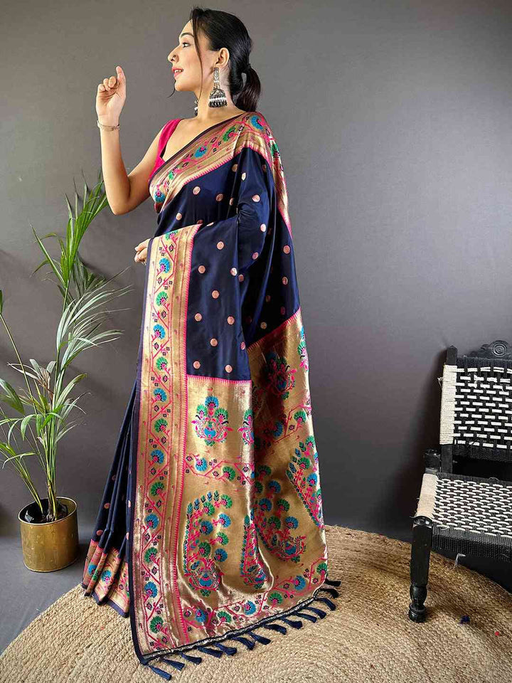 Navy Blue Banarasi Soft Silk Saree with Multicolor Meenakari Weaving & Gold Zari Border