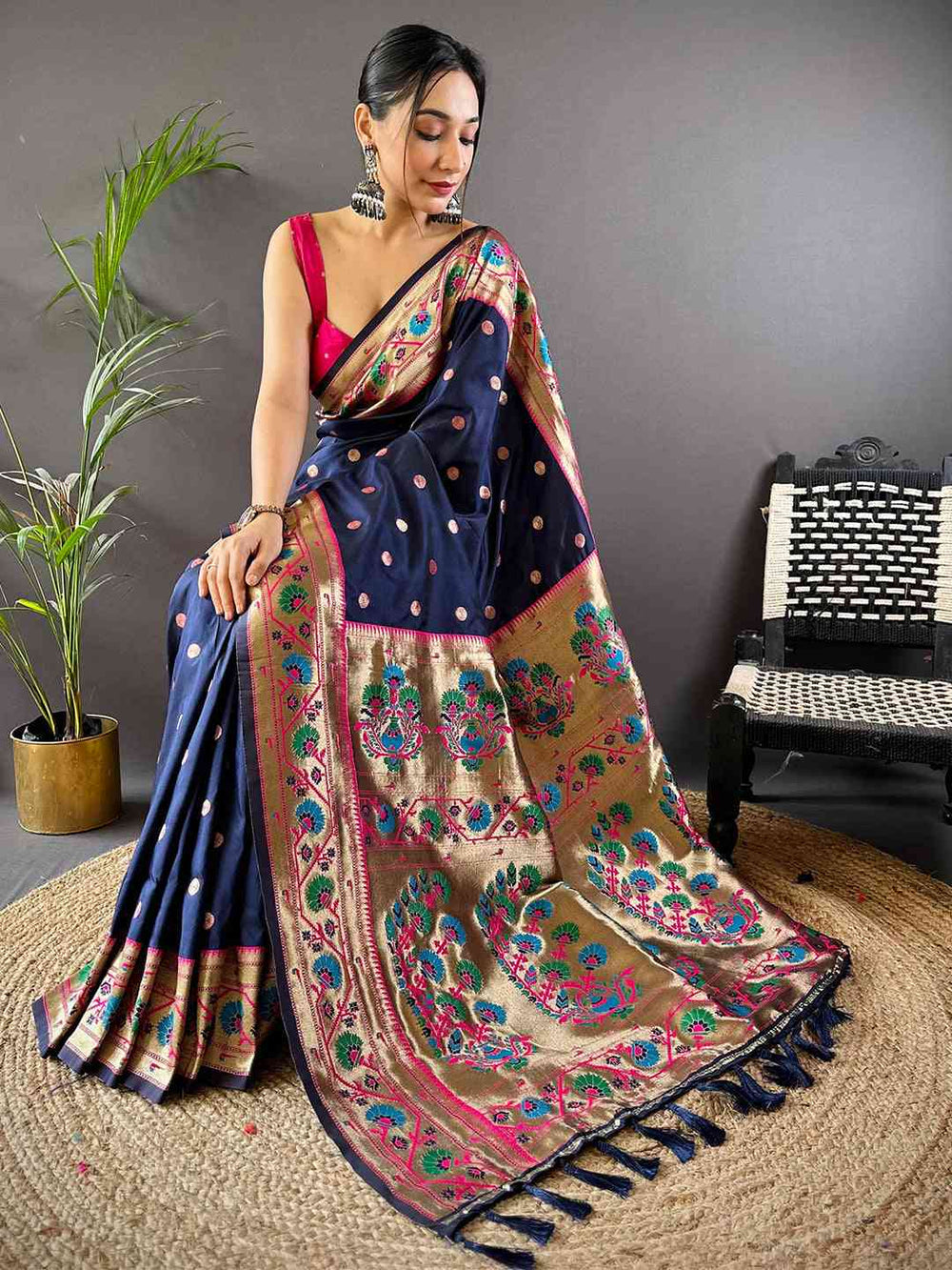 Navy Blue Banarasi Soft Silk Saree with Multicolor Meenakari Weaving & Gold Zari Border