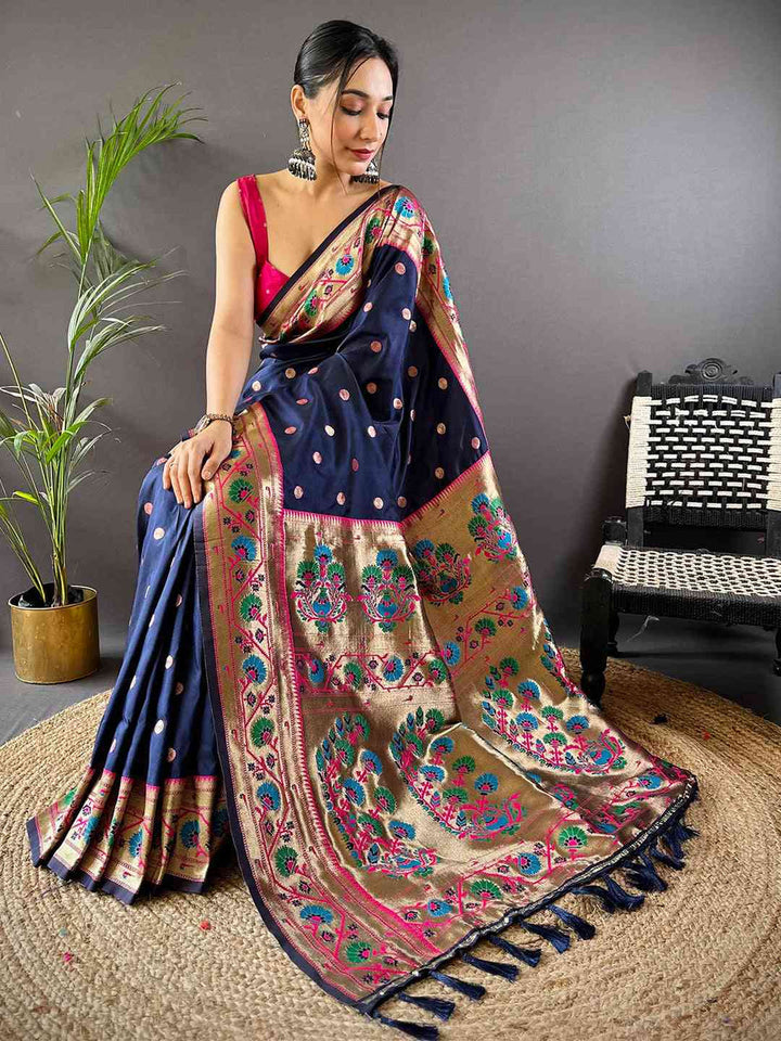 Navy Blue Banarasi Soft Silk Saree with Multicolor Meenakari Weaving & Gold Zari Border