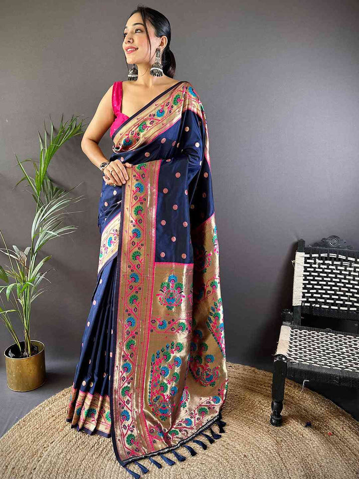 Navy Blue Banarasi Soft Silk Saree with Multicolor Meenakari Weaving & Gold Zari Border