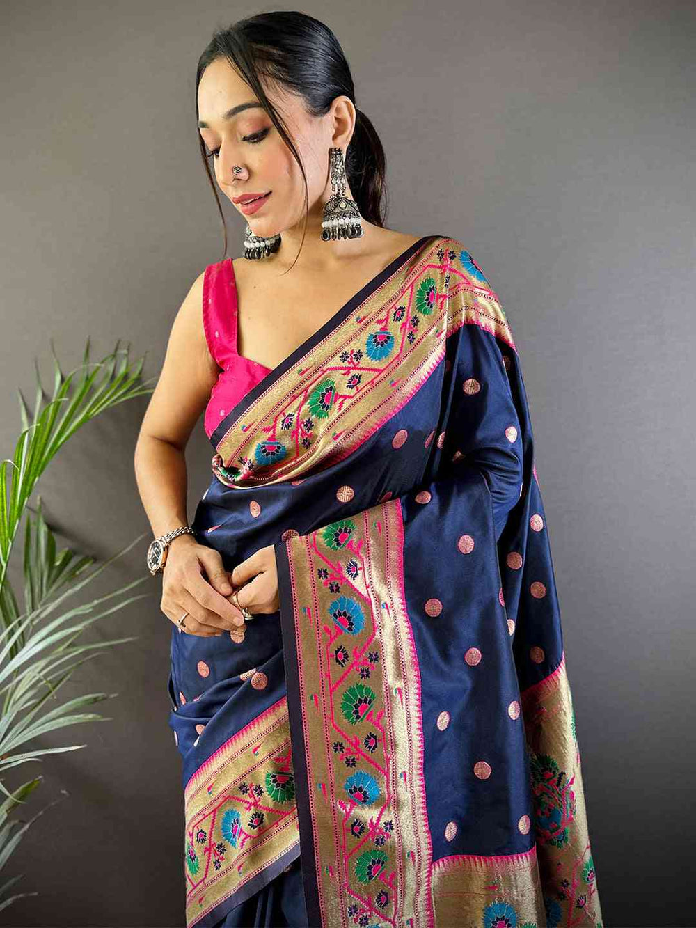 Navy Blue Banarasi Soft Silk Saree with Multicolor Meenakari Weaving & Gold Zari Border