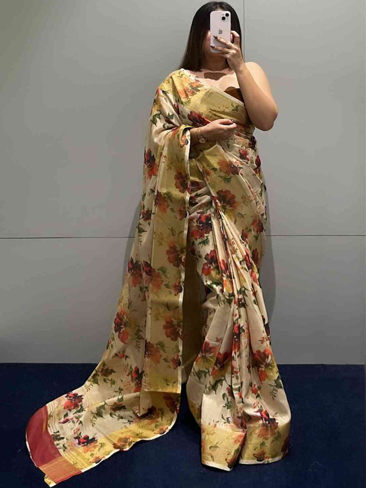 Beige Floral Printed Soft Silk Saree with Watercolor Bloom Design & Contrast Border
