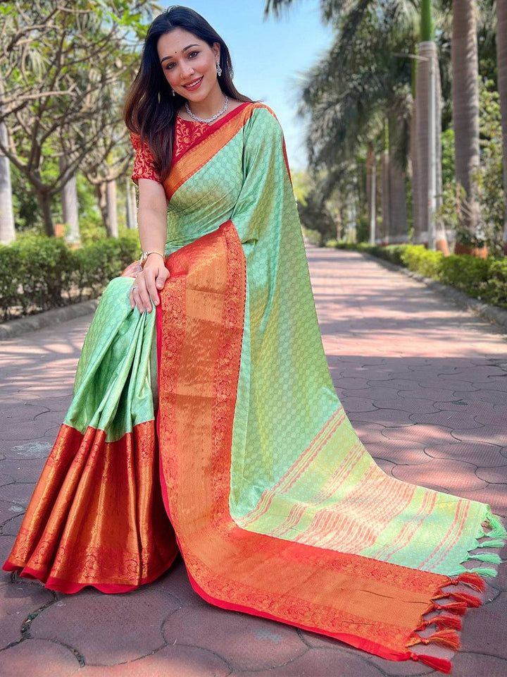 Mint Green & Orange Kanjivaram Silk Saree with Rich Zari Weaving