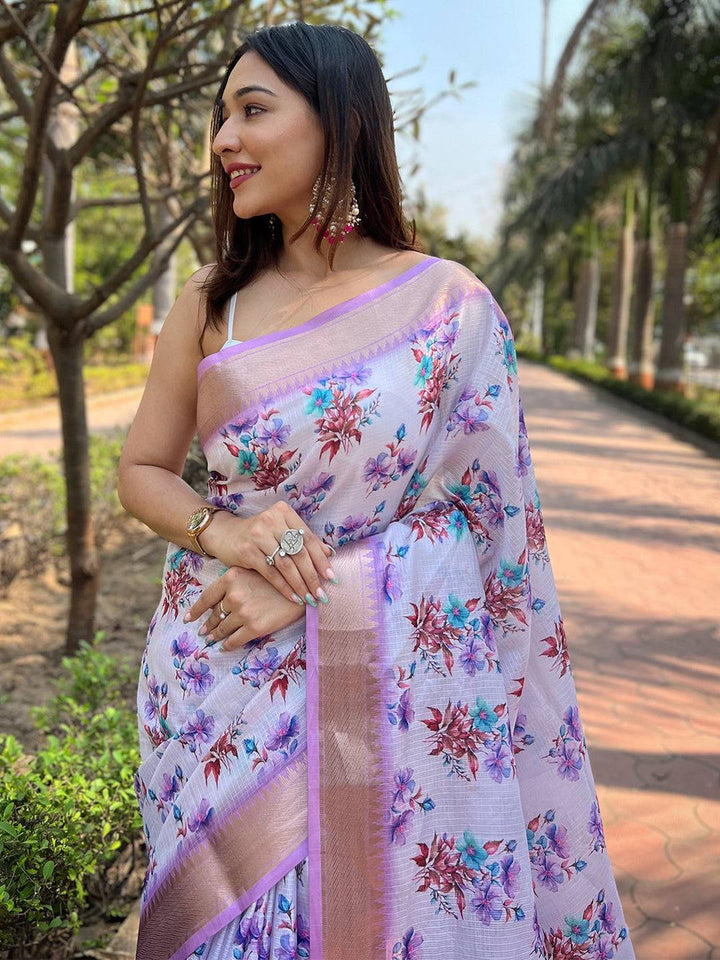Lavender Linen Soft Silk Saree with Floral Print & Pastel Multicolor Pallu