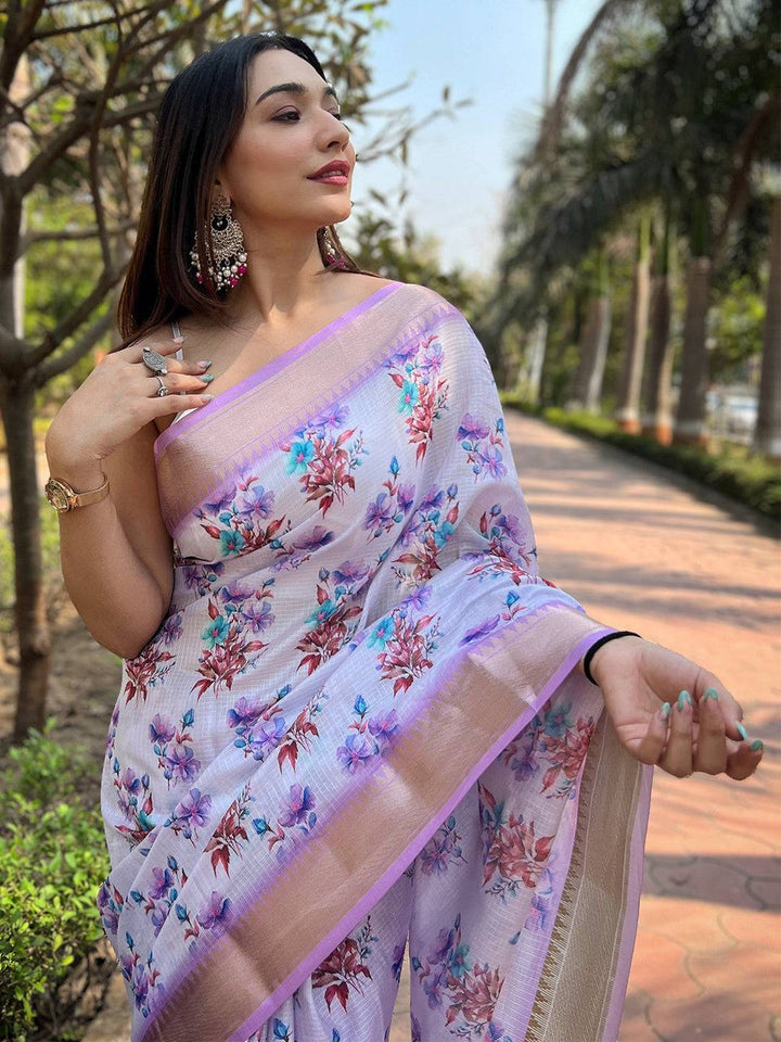 Lavender Linen Soft Silk Saree with Floral Print & Pastel Multicolor Pallu
