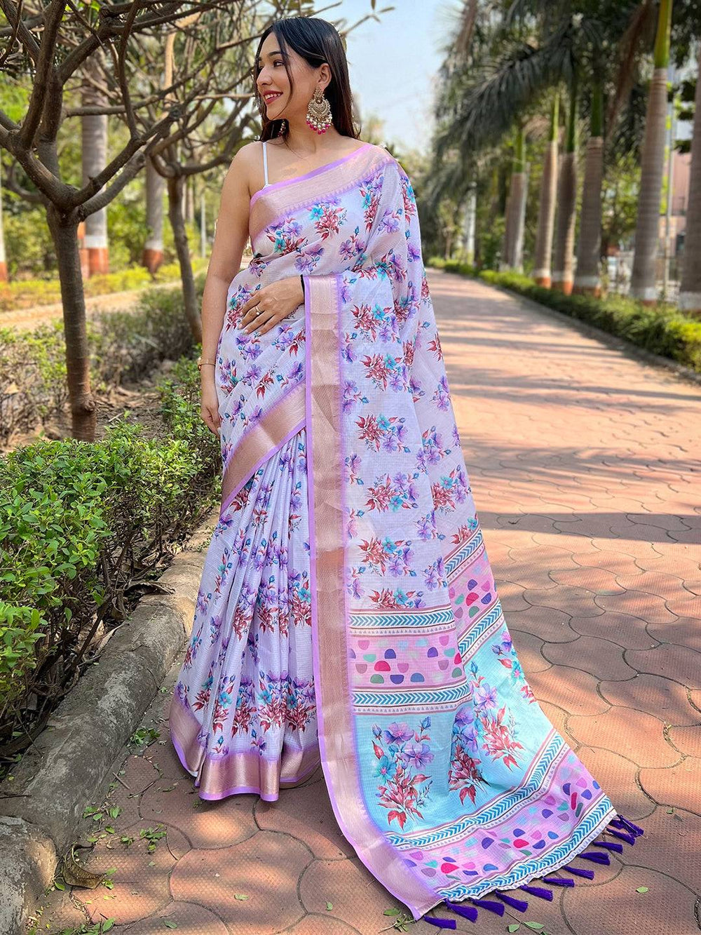 Lavender Linen Soft Silk Saree with Floral Print & Pastel Multicolor Pallu