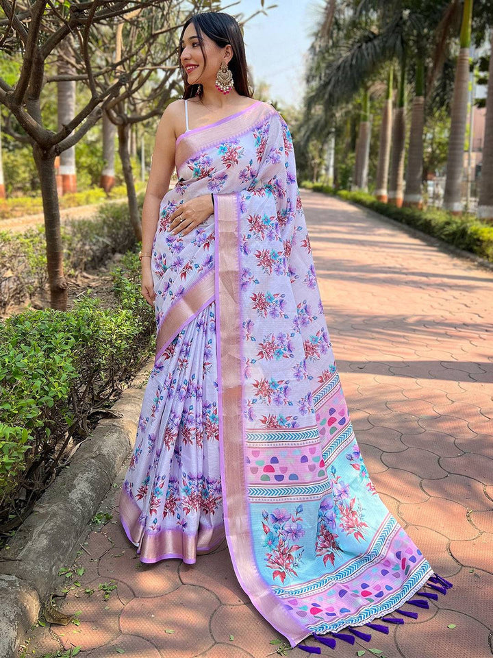 Lavender Linen Soft Silk Saree with Floral Print & Pastel Multicolor Pallu