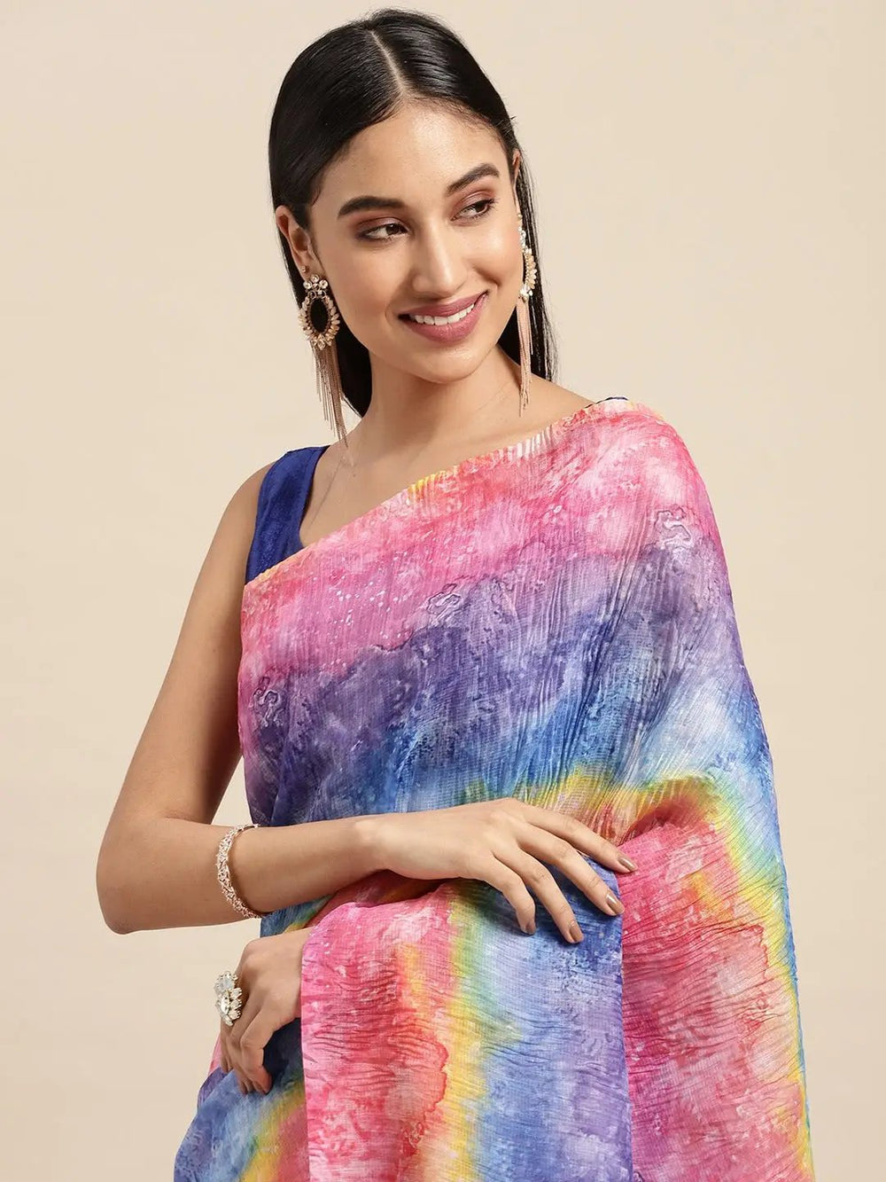 Multicolor Tie Dye Crepe Saree with Vibrant Rainbow Shades & Tassel Pallu