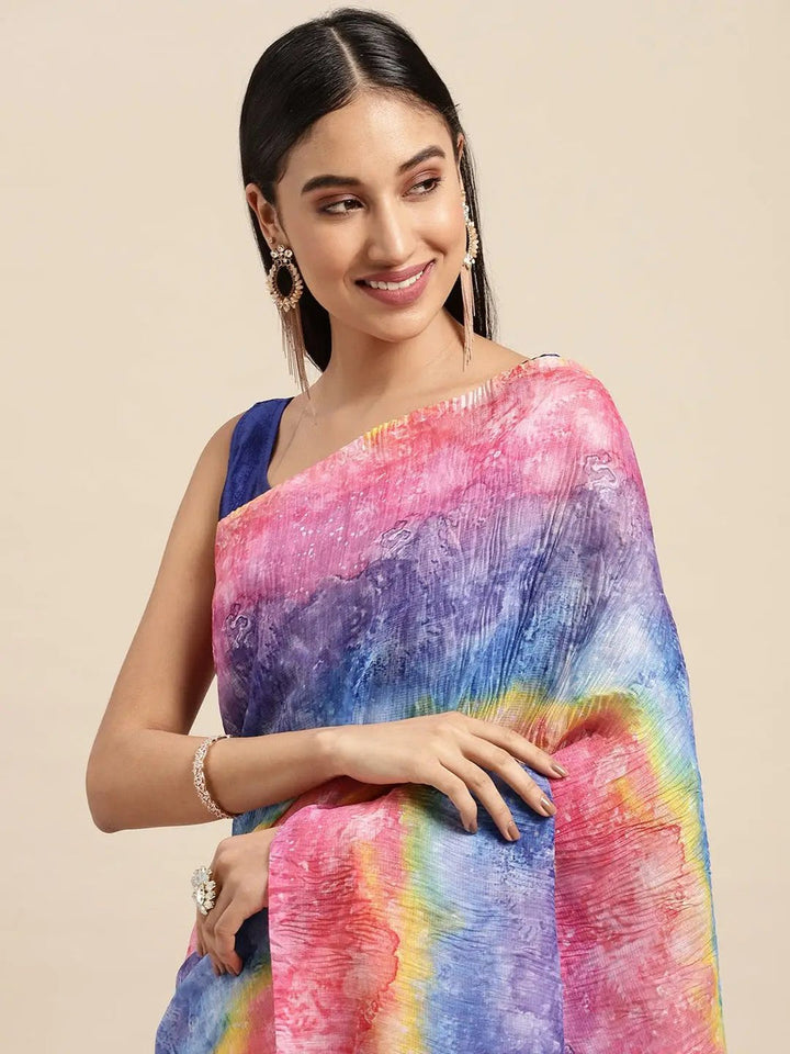 Multicolor Tie Dye Crepe Saree with Vibrant Rainbow Shades & Tassel Pallu
